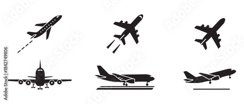 Airplane Icon Set Flying Plane Silhouette Travel Aircraft Symbol