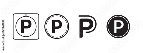 Parking Sign Icons Symbol Set Letter P Car Park Area Vector Graphic