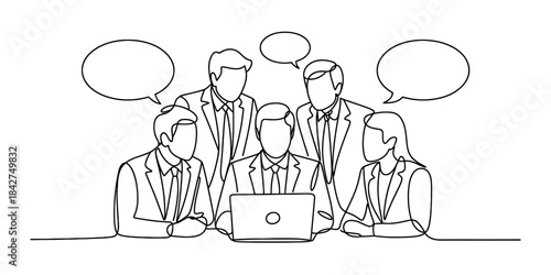 Continuous line art drawing of business meeting with people collaborating around a laptop Vector, illustration