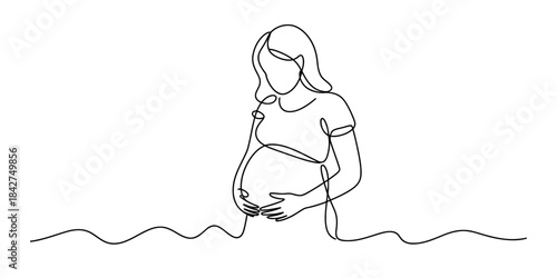 Continuous line drawing of a pregnant woman holding her belly with love and tenderness Vector, illustration