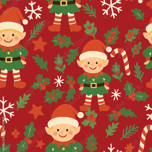 Red Christmas elf, candy cane, and holly repeat vector pattern for textile design, gift wrapping, and party backdrop.
