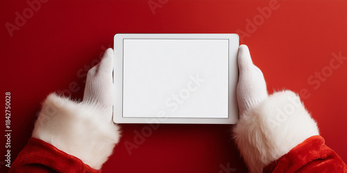 Santa claus hands in white gloves and red coat holding a blank white display tablet against a rich red background copy space christmas