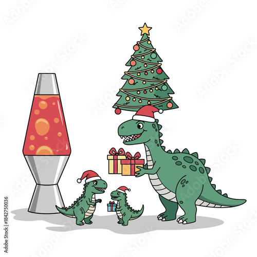 Dinosaur family exchanging gifts next to decorated seasonal tree and retro lava lamp vector artwork