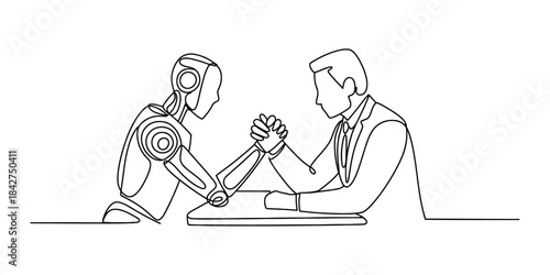 One line drawing of a human businessman arm wrestling with a robot Vector, illustration