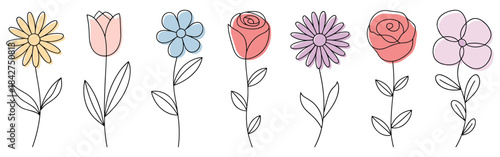 Cute Hand-Drawn Flower Line Art Set with Colorful Blossoms and Minimal Botanical Design