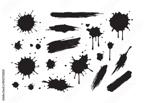Black Ink Splatter and Brush Stroke Collection on White Background
