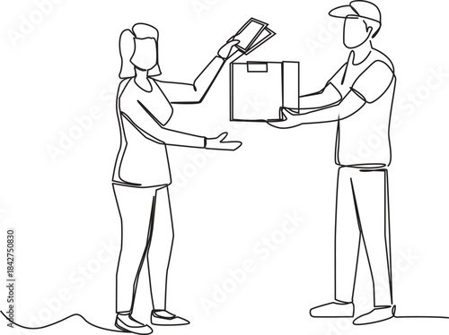 Courier Handing Parcel to Woman: One Line Art Delivery Service Sketch - delivery, courier, man, woman, package, box, money, cash, payment, continuous line, one line, drawing, vector,