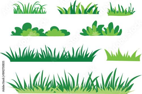 Green Grass and Bush Vector Illustrations - Flat Nature Elements Set - Grass Borders and Shrub Icons-grass, vector, green, nature, illustration, plant, bush, lawn, summer, spring, garden, isolated, ca