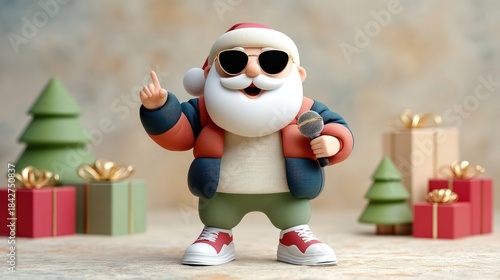 Trendy santa claus cartoon character singing and pointing