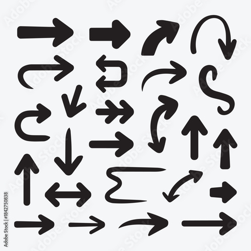 Hand-Drawn Doodle Arrows Collection. Sketchy Black Direction Symbols Vector Set.