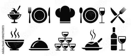 Restaurant Food and Drink Icon Set with Dining Utensils, Chef Hat and Serving Elements