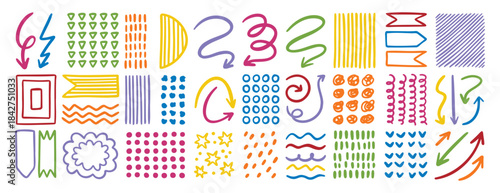 Colorful doodle design elements set, arrows, dots, lines and textures for creative 
