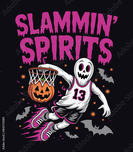 Slammin' Spirits: Retro Ghost Basketball Dunk Halloween Art t shirt design