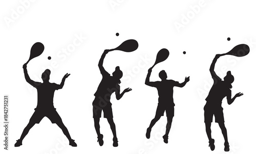 Four silhouettes of people playing tennis in different serving poses
