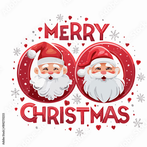 Two jolly santas wishing merry christmas with snowflakes