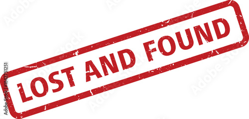 Distressed Red Ink Lost and Found Rectangular Rubber Stamp on White Background