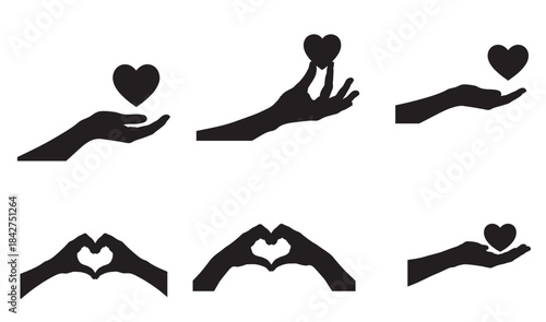 Set of six hand gestures holding or making heart shapes silhouette