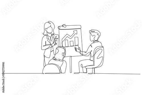 Continuous one line drawing three colleagues, one female presenting growth chart with bar and line graphs. Successful strategy in corporate meeting. Single line draw design vector graphic illustration