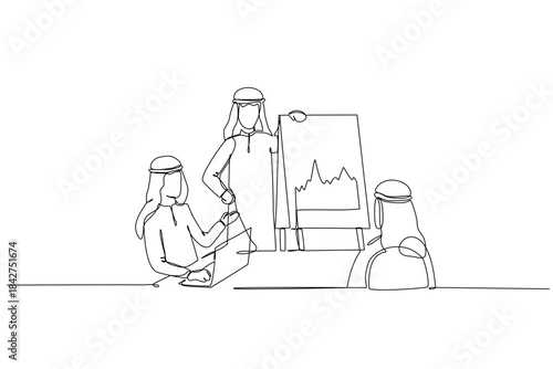Continuous one line drawing Arab men in business meeting. One man standing next to flip chart with volatile line graph. Review market performance. Single line draw design vector graphic illustration