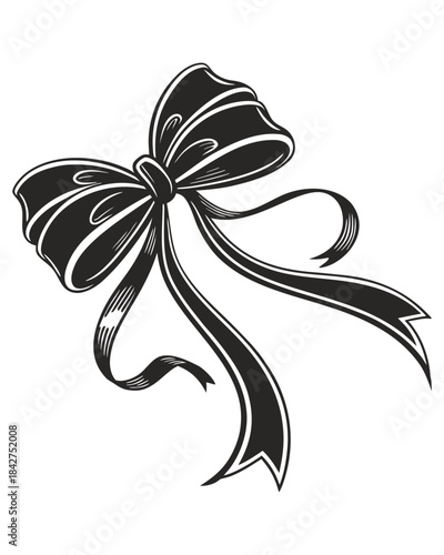 A detailed black and white illustration of a decorative bow with flowing ribbons and ornate swirling patterns