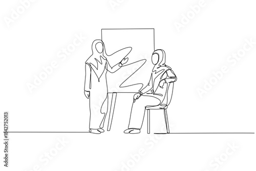 Single continuous line drawing two Arab women in meeting, one presenting finance chart to seated colleague. Coaching session on volatile business performance. One line draw design vector illustration