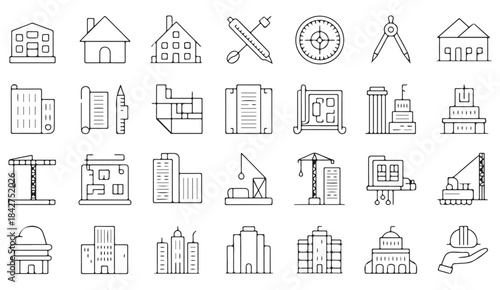Line icon set representing architecture, urban design, homes, skyscrapers, and structural engineering