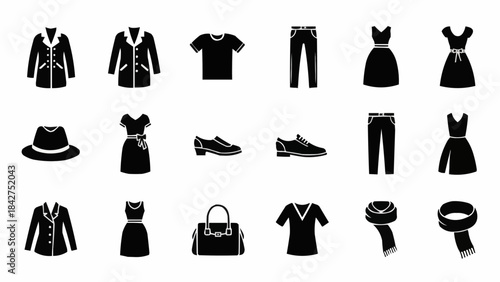 Collection of Black and White Fashion Icons Representing Clothing and Accessories.