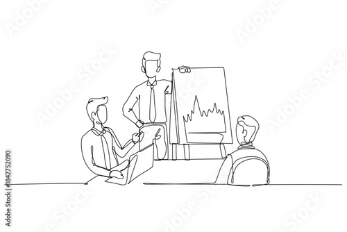 Single one line drawing three businessmen in office meeting, with one presenting fluctuating chart to colleagues, discussion business strategy. Continuous line draw design graphic vector illustration