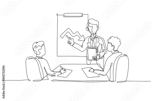 Single continuous line drawing male manager showing downturn chart to two seated colleagues taking notes. Review of poor finance business performance. One line draw graphic design vector illustration