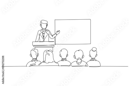 Single one line drawing male speaker at podium with a microphone, presenting to seated colleagues or attendees. Business conference or seminar. Continuous line draw design graphic vector illustration