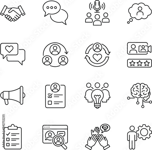Set of business communication and teamwork line icons