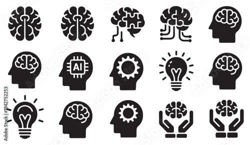 Minimal solid icons representing creative ideas, cognitive processes, AI systems, and neural technologies