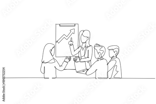 Single one line drawing four human colleagues, two men and two women on successful business presentation, pointing to an upward trending graph. Continuous line draw design graphic vector illustration