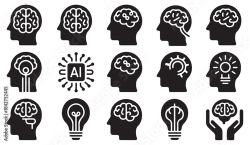 Solid AI brain icons illustrating innovation, digital thinking, machine learning, and smart technology