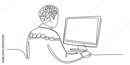 A single continuous line drawing of a person with a brain working at a computer Vector, illustration