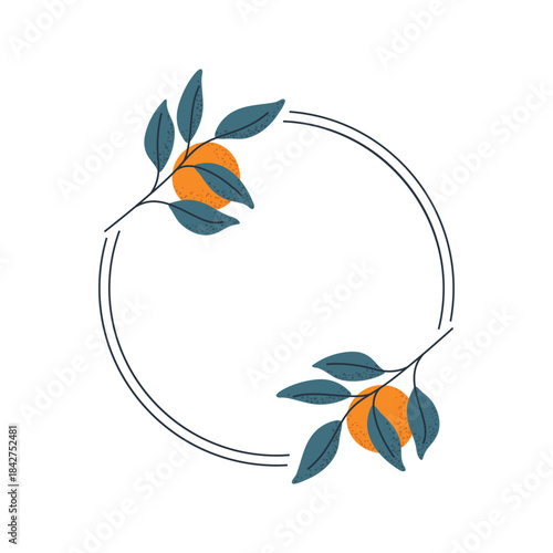 Round botanical frame with oranges and green leaves, elegant clipart for labels or invitations