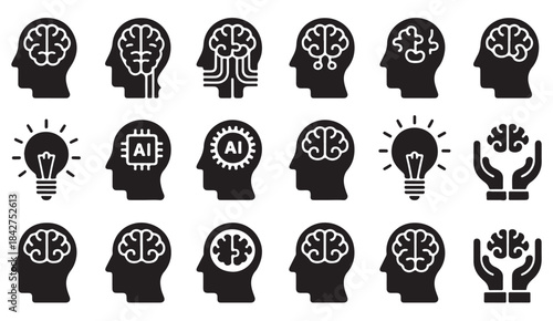 Bold black icons showing artificial intelligence, cognition, ideas, and neural circuit thinking symbols