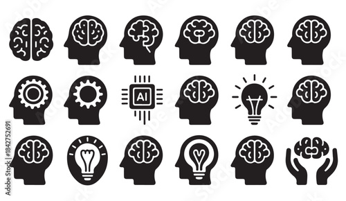 Silhouette AI icon set featuring neural networks, brains, light bulbs, and digital intelligence concepts
