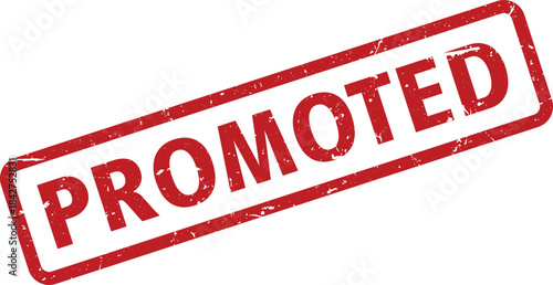Red Promoted Rubber Stamp with a Grunge Texture on a White Background, Diagonal Orientation