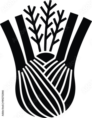 Minimalist black fennel vegetable bulb with fronds silhouette vector icon