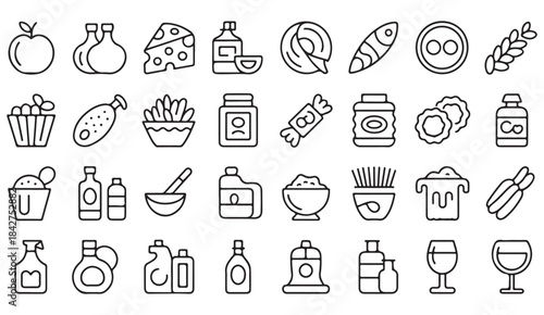 Modern line pack of food items including fruit, dairy, grains, sauces, honey, beverages, and eco-friendly labels