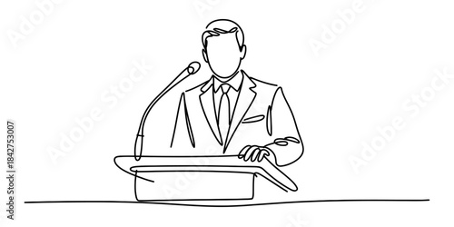 Continuous line art illustration of a man delivering a speech at a podium with a microphone Vector, illustration