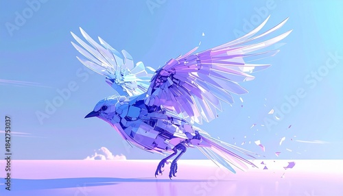 Abstract bird in mid flight composed of geometric shapes in blue and purple tones set against a dreamy gradient background blending organic motion with digital art in a visually striking composition