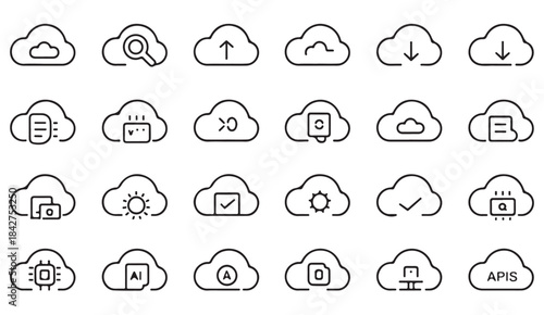 Modern linear cloud icons featuring AI, backups, file handling, cybersecurity, and online connectivity
