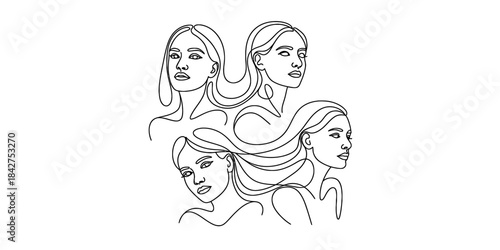 Continuous line drawing featuring four female faces representing unity and femininity Vector, illustration