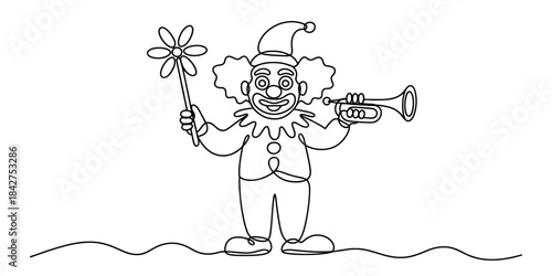 A continuous line drawing of a circus clown playing a trumpet and holding a flower wand Vector, illustration