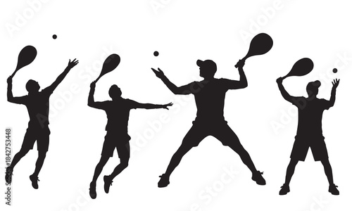 Four silhouettes of tennis players in action poses