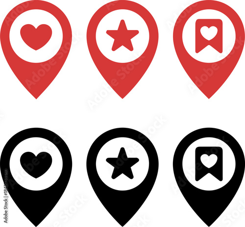 location pin icon set with heart, star, and bookmark symbols — flat minimal vector design