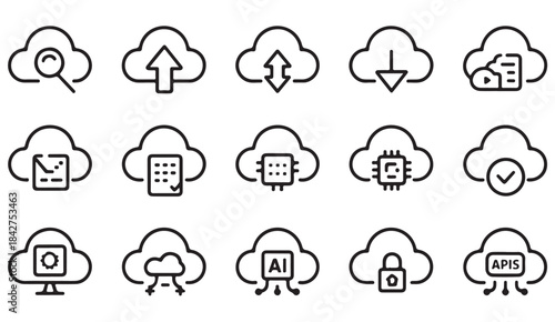 Outline design pack of cloud technology concepts including AI chips, documents, and secure storage