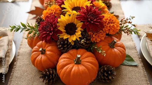 Wallpaper Mural Festive Autumn Thanksgiving Centerpiece Pumpkins Sunflowers and Flowers Torontodigital.ca